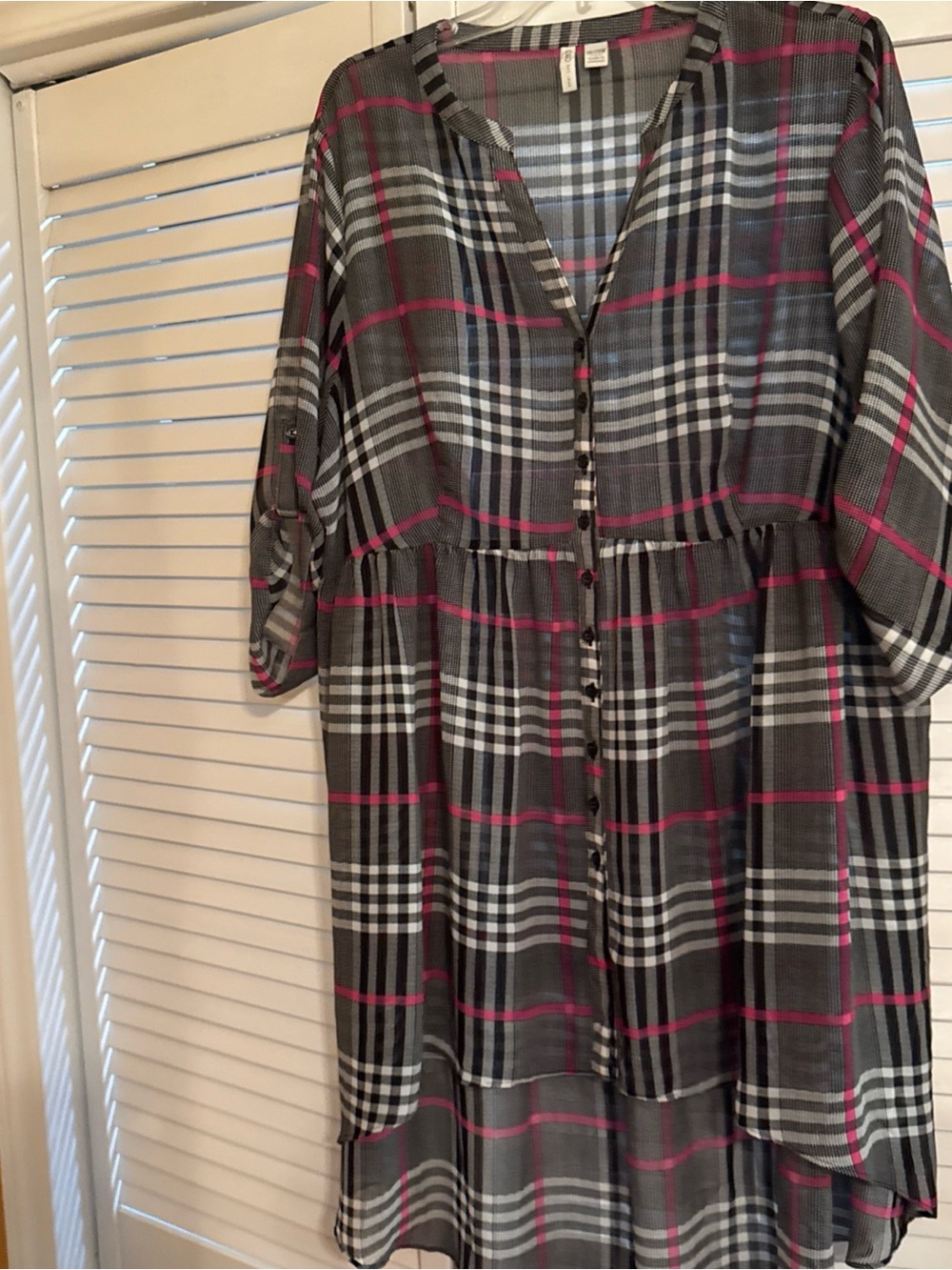Cato Gray Plaid Tunic with Pink Stripe Detail
